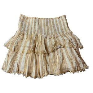 Aerie Striped Smocked Tiered Mini Skirt Yellow White Tan Boho Size S